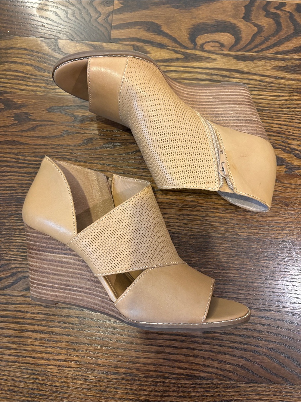 Lucky Brand Tan Perforated Open-Toe Wedge Booties